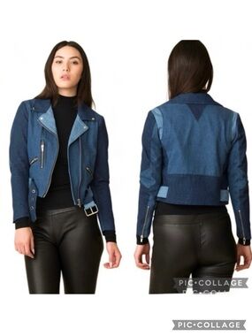 Veda Atmosphere Denim Jacket Moto 3 Tone Trio Blue S  Cropped Belted Chic Edgy